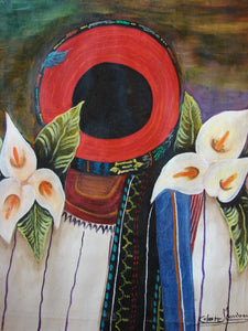 Celeste Mendoza Large Oil Painting - Woman from Santiago Atitlan with Tocoyal -  (P-L-CMS-004) 16" x 20"