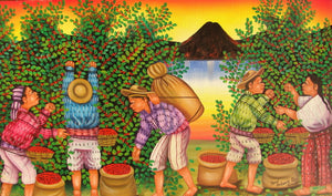 Jose Antonio Pur Gonzalez Oil Painting - Santiago Atitlan Coffee Harvest  (P-L-JAPG-005)  11"x18"