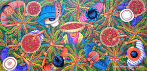 Angelina Quic Medium Large Oil Painting - Mayan Coffee Harvest Overhead  (P-L-AQ-17A) 15"x 36"