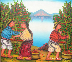 Mauricio Pur Gonzalez Oil Painting - Mayan Coffee Harvest Lake Atitlan  (P-M-MPG-003)  6"x7"