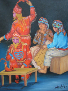 Batzin Oil Painting - Mayan Ceremony and Musicians  (P-M-EB-027)  9"x11"