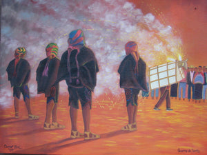 Omar Bal Large Oil Painting - ""Quema de Torito" - The Burning Bullfight dance  (P-L-OB-008)  16" x 22"