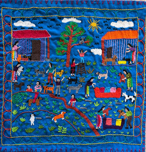 Mayan Embroidered Folk Art Tapestry 25-E:  Rescatando Perros y Gatos (Rescuing the Dogs and Cats) - Glenda Morales