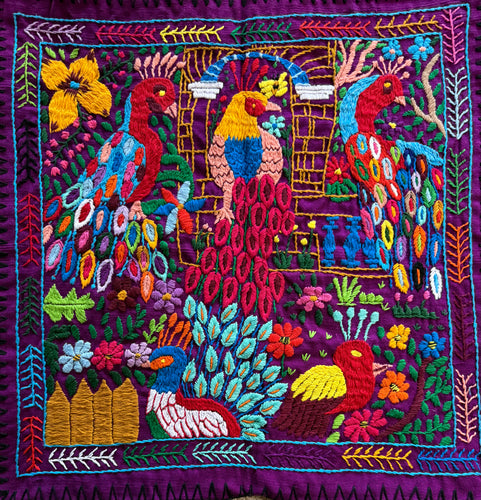 Mayan Embroidered Folk Art Tapestry 25-G:  Pavo Real (The Peacocks) - Rosario Parabal