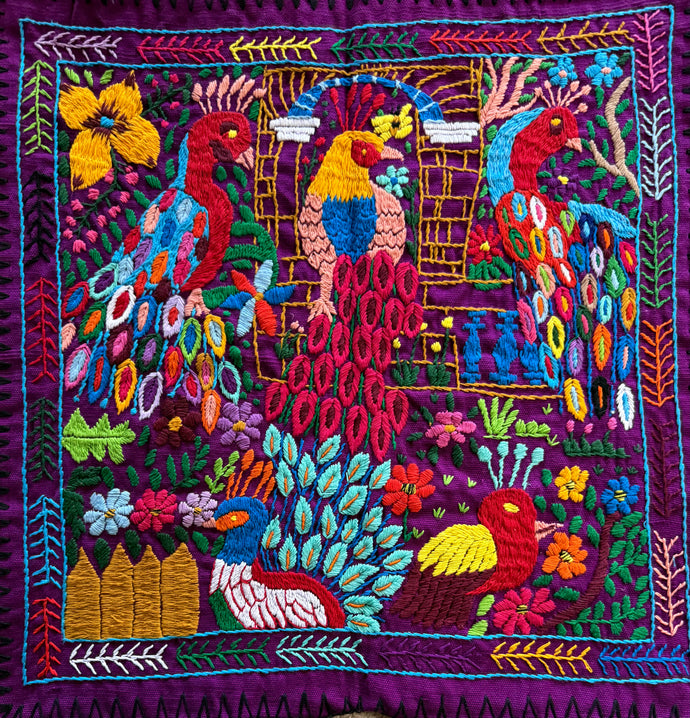 Mayan Embroidered Folk Art Tapestry 25-G:  Pavo Real (The Peacocks) - Rosario Parabal