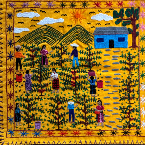 Mayan Embroidered Folk Art Tapestry 25-A:  Corte de Cafe (Cutting the Coffee) - Elma Morales