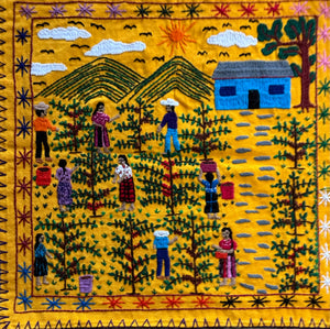 Mayan Embroidered Folk Art Tapestry 25-A:  Corte de Cafe (Cutting the Coffee) - Elma Morales