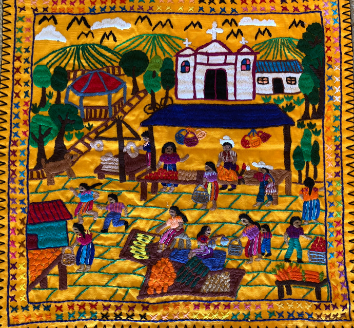 Mayan Embroidered Folk Art Tapestry 23-C:  El Mercado (The Market) - Candelaria I. C.