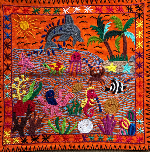 Mayan Embroidered Folk Art Tapestry 25-B:  Mundo Acuatico  (The Water World) - Rosario Parabal