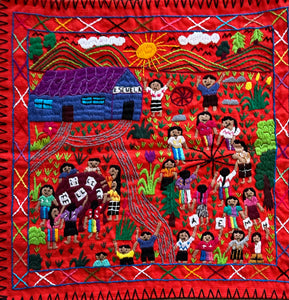 Mayan Embroidered Folk Art Tapestry 25-H:  La Escuela  (The School) - Rosario Parabal