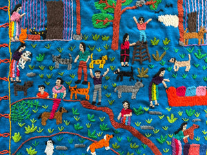 Mayan Embroidered Folk Art Tapestry 25-E:  Rescatando Perros y Gatos (Rescuing the Dogs and Cats) - Glenda Morales