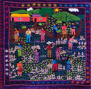 Mayan Embroidered Folk Art Tapestry 23-E:  Cosecha de Trigo (Harvesting the Wheat) - Sandra Morales