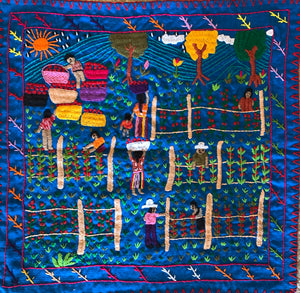 Mayan Embroidered Folk Art Tapestry 23-G:  Cosecha de Tomates (Harvesting the Tomatoes) - Adriana Morales