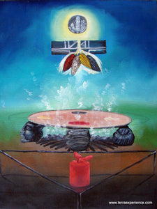 Aliix Mendoza Large Oil Painting - "Xkub" Mayan Kitchen or Comal (P-L-AM-002) 13.5" x 17.6"