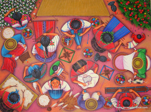 Angelina Quic Large Oil Painting - Mayan Women Weaving and Preparing Loom Overhead  (P-L-AQ-17D) 30" x 40" (LARGE)