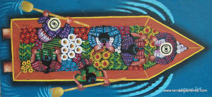 Angelina Quic Large Oil Painting - Mayans in Canoe going to Market - Overhead or bird-eye View (P-M-AQ-17L) 7" x 15