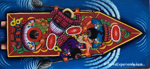 Angelina Quic Oil Painting - Mayans in Canoe going to Market - Overhead or bird-eye View (P-M-AQ-20V) 7" x 15