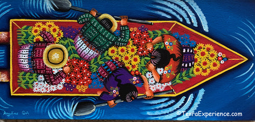 Angelina Quic Oil Painting - Mayans in Canoe going to Flower Market - Overhead or bird-eye View (P-M-AQ-20W) 7