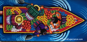 Angelina Quic Oil Painting - Mayans in Canoe going to Flower Market - Overhead or bird-eye View (P-M-AQ-20W) 7" x 15