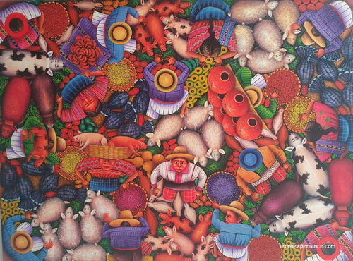 Angelina Quic Large Oil Painting - Mayan Market with Animals and Vegetables Overhead  (P-L-AQ-21-F) 30