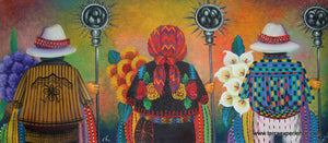 Antonio Coche Mendoza Oil Painting - Three Mayan Confradia (P-L-ACM-16B) 12" x 26.5"
