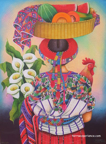 Antonio Coche Mendoza Large Medium Oil Painting - Mayan Woman from Santiago Atitlan - Espalda View  (P-LM-ACM-21-A)  24