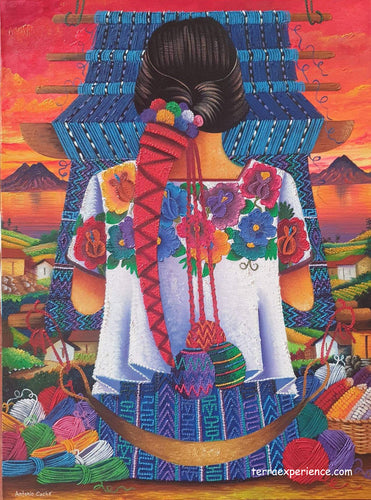 Antonio Coche Mendoza Large Medium Oil Painting - Mayan Woman Weaving - Espalda View  (P-LM-ACM-21-C)  24