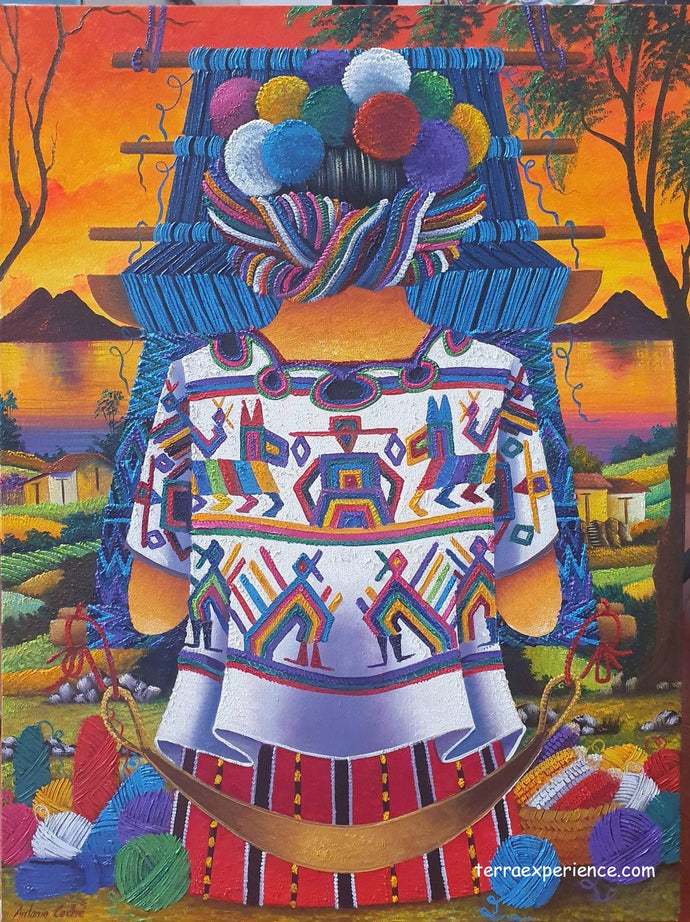Antonio Coche Mendoza Large Medium Oil Painting - Mayan Woman Weaving - Espalda View  (P-LM-ACM-21-D)  24