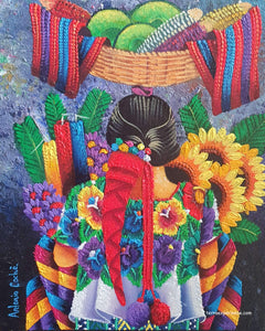 Antonio Coche Mendoza Oil Painting - Mayan Woman with Sun Flower and Basket  - Espalda Viewn  (P-M-ACM_21-B) 9"x11""
