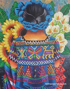 Antonio Coche Mendoza Oil Painting - Mayan Woman with Sun Flower   - Espalda Viewn  (P-M-ACM_21-C) 9"x11""