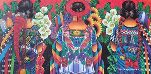 Antonio Coche Mendoza Medium Large Oil Painting - Three Mayan Woman  - Espalda View  (P-L-ACM-21-C) 15"x 30"  (MEDIUM LARGE)