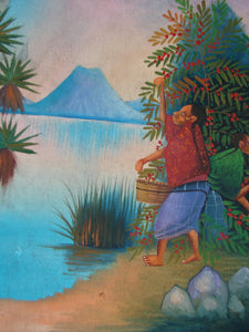 Antonio Vasquez Yojcom Oil Painting - Coffee Harvest on Lake Atitlan  (P-M-AVY-016)  9" x 11""