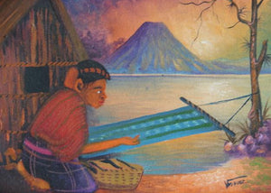 Antonio Vasquez Yojcom Oil Painting - Mayan Woman Weaving on Lake Atitlan  (P-M-AVY-021)  6" x 8""