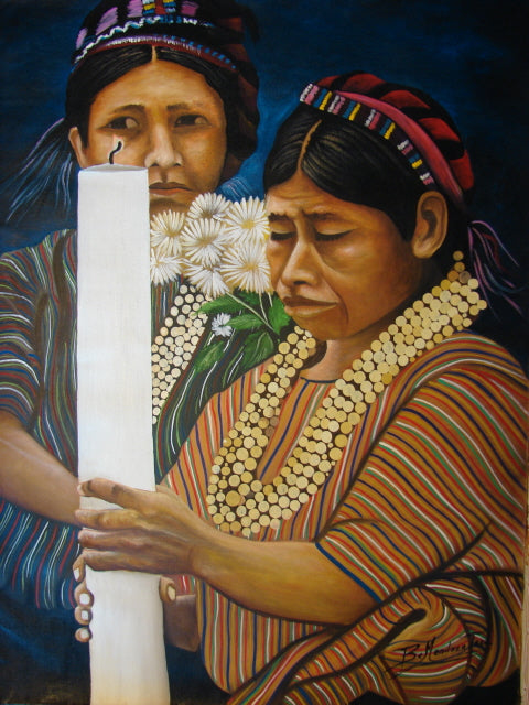 Benjamin Mendoza Taca Large Oil Painting - Woman from San Antonio Palopo with Candle -  (P-L-BMT-008) 29