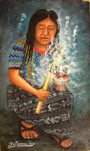 Benjamin Mendoza Taca Large Oil Painting - Mayan Woman with Candle -  (P-L-BMT-013) 9" x 15"