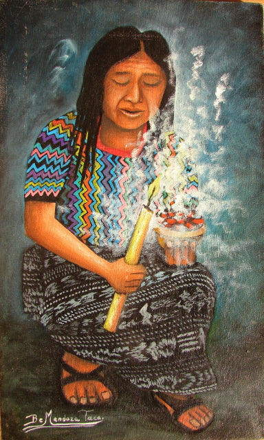Benjamin Mendoza Taca Large Oil Painting - Mayan Woman with Candle