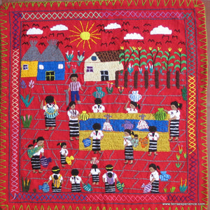 Mayan Embroidered Folk Art Tapestry 15-12:    "Acarreando Agua" ( Carrying the Water),  Zara Lucia Morales