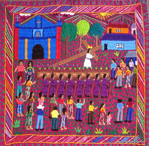Mayan Embroidered Folk Art Tapestry 15-34:    "El Procession" ( The Procession),  Marta Morales