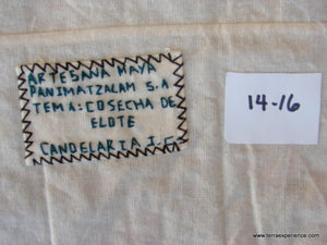 Mayan Embroidered Folk Art Tapestry 14-16:    "Tema: Cosecha de Elote" (Cutting the Stalks), Candelaria J. C.
