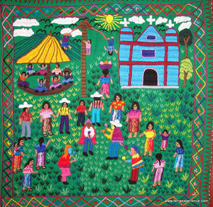 Mayan Embroidered Folk Art Tapestry 14-32:    "Tema: El Baile de Moros" (Dance of the Moors), Candelaria J. C.