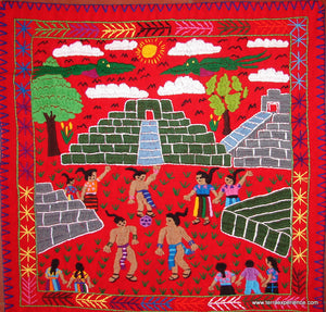 Mayan Embroidered Folk Art Tapestry 14-34:    "Juego De Pelota Maya" (The Mayan Ball Game), Rosario Paralgal