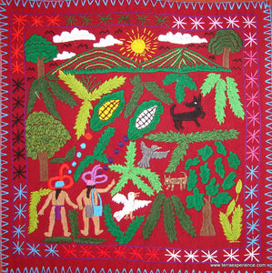 Mayan Embroidered Folk Art Tapestry 14-37:    "La Historia Del Maiz" (The History of the Corn), Rosario Paralgal