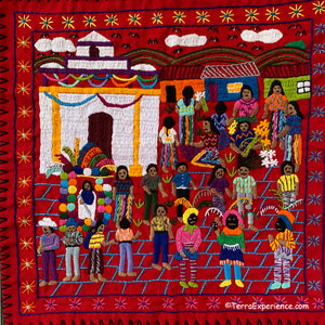 Mayan Embroidered Folk Art Tapestry 20-N:  "La Feria Santo Tomas" (The Fair Santo Tomas) - Rosario Parabal Tuc