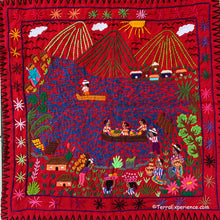 Mayan Embroidered Folk Art Tapestry 20-Q:  "Atitlan" (Lake Atitlan) - Josefina Quino