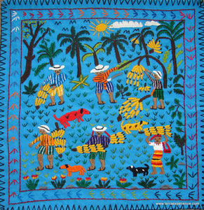 Mayan Embroidered Folk Art Tapestry 17-07:    "Corte De Banano" (Cutting the Bananas), Zara Lucia Morales