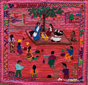 Mayan Embroidered Folk Art Tapestry OR-02:   El Nacimento Del Dios (The BIrth of Christ) - Maedalena Chumil