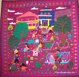 Mayan Embroidered Folk Art Tapestry 19-02:  Tema: El Parque (The Park) - Candelaria J.C.