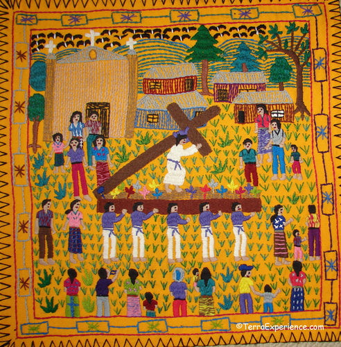Mayan Embroidered Folk Art Tapestry 19-03:  Processian de Jesus Nazareno (Procession of Jesus of Nazarene) - Adriana Morales