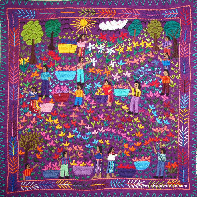 Mayan Embroidered Folk Art Tapestry 19-06:  Corte de Flores (Cutting the FLowers) - Catarina Quino