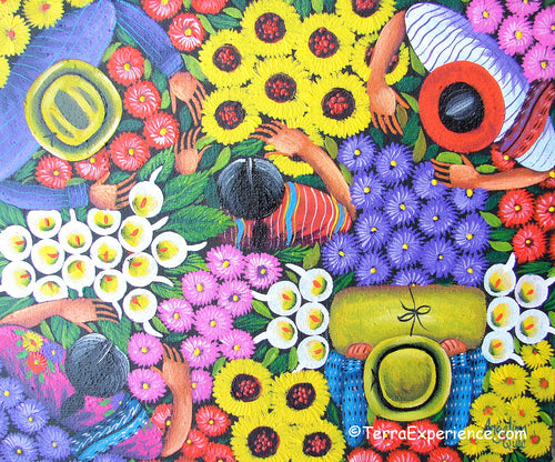 Angelina Quic Oil Painting - Mayan FLower Market Overhead  (P-M-AQ9-19E)